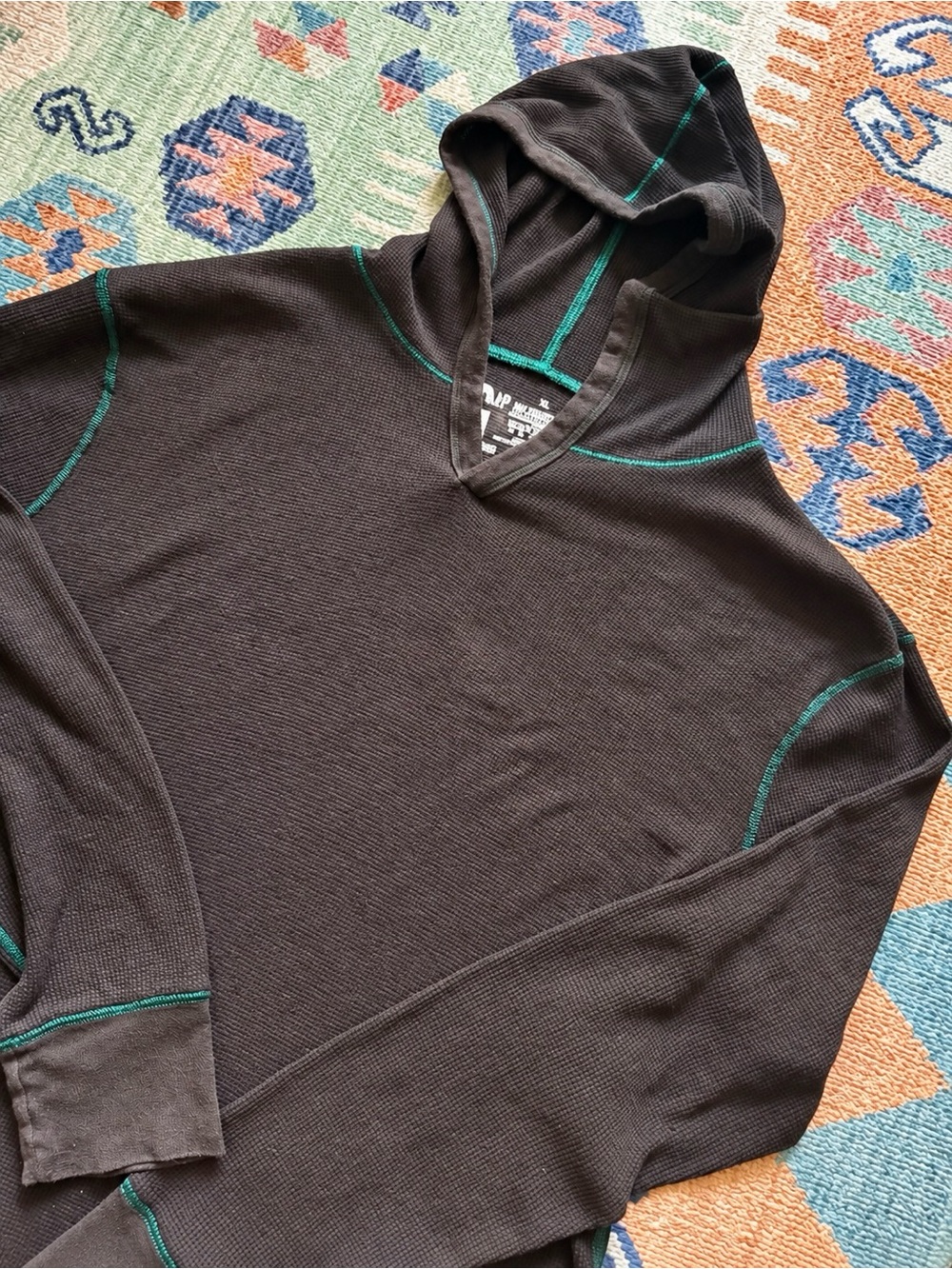 GAP Brown Waffle Knit Pullover Hoodie Green Contrast Stitching XL